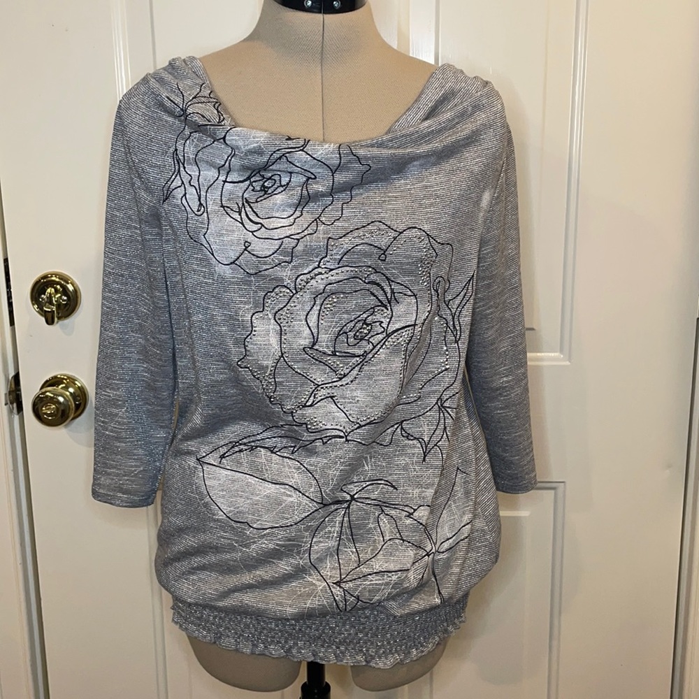 Silver, Studded Rose 3/4 Sleeve Dressy Casual Top